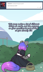 Size: 750x1250 | Tagged: safe, artist:darkestmbongo, oc, oc only, oc:d.d, anthro, earth pony, unguligrade anthro, apron, arm hooves, basket, blueberry, bush, clothes, dialogue, dress, female, food, frilly dress, gloves, kneeling, maid, mare, socks, solo, stockings, thigh highs