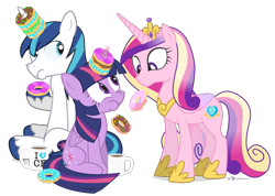 Size: 1125x800 | Tagged: safe, artist:dm29, princess cadance, shining armor, twilight sparkle, twilight sparkle (alicorn), alicorn, pony, unicorn, bread, coffee, donut, eating, eye contact, female, food, frown, horn grab, levitation, magic, mare, mug, puffy cheeks, simple background, sitting, telekinesis, transparent background, trio, wide eyes