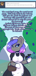 Size: 850x1783 | Tagged: safe, artist:darkestmbongo, oc, oc only, oc:d.d, anthro, earth pony, unguligrade anthro, apron, arm hooves, basket, blueberry, clothes, dialogue, dress, eyeliner, eyeshadow, female, food, frilly dress, gloves, maid, makeup, mare, socks, solo, stockings, thigh highs, tree