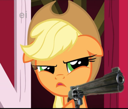 Size: 849x726 | Tagged: safe, edit, edited screencap, screencap, applejack, earth pony, pony, party of one, cropped, delet this, gun, revolver, solo, weapon