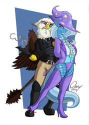 Size: 800x1123 | Tagged: safe, artist:omny87, derpibooru import, trixie, oc, oc:iris ironhide, anthro, griffon, arrested, boots, clothes, gloves, hand cuffs, high heel boots, high heels, police officer