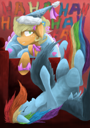 Size: 1397x1997 | Tagged: safe, artist:hewison, applejack, rainbow dash, earth pony, pegasus, pony, costume, female, mare