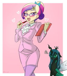 Size: 770x870 | Tagged: safe, artist:ta-na, princess cadance, queen chrysalis, human, angry, bow, business suit, clothes, dress suit, female, glasses, heart, humanized, open mouth, pen, spread wings, suit