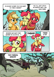 Size: 1201x1700 | Tagged: safe, artist:tarkron, apple bloom, applejack, big macintosh, earth pony, pony, comic:ghosts of the past, apple siblings, comic, dark forest, dialogue, female, filly, floppy ears, male, mare, stallion, sweat, sweatdrop, wagon