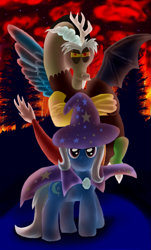 Size: 885x1468 | Tagged: safe, artist:daedric-pony, derpibooru import, discord, trixie, cape, clothes, hat, trixie's cape, trixie's hat, villian