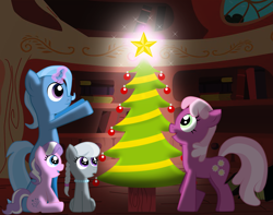 Size: 3197x2516 | Tagged: safe, artist:ange91970, derpibooru import, cheerilee, diamond tiara, silver spoon, trixie, pony, unicorn, christmas, christmas tree, female, hearth's warming, hearth's warming eve, library, magic, mare, missing accessory, stars, tree