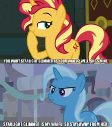 Size: 1280x1440 | Tagged: safe, derpibooru import, edit, edited screencap, screencap, sunset shimmer, trixie, pony, unicorn, better together, equestria girls, forgotten friendship, road to friendship, caption, female, image macro, implied lesbian, implied shimmerglimmer, implied shipping, implied startrix, mare, meme, text, trixie yells at everything