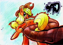 Size: 3504x2476 | Tagged: safe, artist:avihooves, applejack, earth pony, pony, cowboy hat, hat, high res, mouth hold, rope, solo, stetson, traditional art