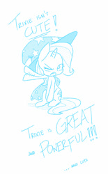 Size: 665x1075 | Tagged: safe, artist:grim ponka, derpibooru import, trixie, pony, unicorn, blushing, cape, clothes, cute, denial's not just a river in egypt, diatrixes, female, flailing, great and powerful, hat, i'm not cute, mare, one eye closed, open mouth, simple background, sitting, solo, third person, trixie's cape, trixie's hat, white background, wink