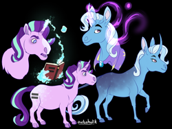 Size: 1500x1126 | Tagged: safe, artist:owlcoholik, derpibooru import, starlight glimmer, trixie, pony, unicorn, black background, book, cloven hooves, curved horn, duo, equal cutie mark, female, glowing horn, horn, leonine tail, magic, mare, simple background, telekinesis