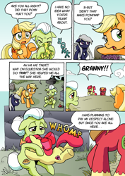 Size: 1201x1700 | Tagged: safe, artist:tarkron, apple bloom, applejack, big macintosh, granny smith, oc, oc:tara, earth pony, pony, comic:ghosts of the past, apple family, apple siblings, candle, comic, crying, dialogue, female, filly, floppy ears, gravestone, graveyard, handkerchief, male, mare, nose blowing, onomatopoeia, stallion