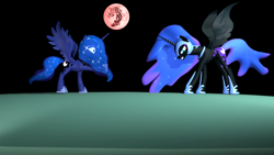 Size: 1024x576 | Tagged: safe, artist:iownu142, nightmare moon, princess luna, alicorn, pony, 3d, mare in the moon, moon, scared, source filmmaker