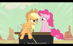 Size: 640x400 | Tagged: safe, screencap, applejack, pinkie pie, earth pony, pony, the last roundup, youtube caption