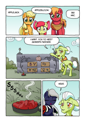 Size: 1201x1700 | Tagged: safe, artist:tarkron, apple bloom, applejack, big macintosh, granny smith, oc, oc:tara, earth pony, pony, comic:ghosts of the past, apple family, apple siblings, bipedal, bouquet, candle, comic, dialogue, female, filly, flower, gravestone, graveyard, male, mare, sad, stallion