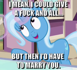 Size: 589x542 | Tagged: safe, derpibooru import, edit, edited screencap, screencap, trixie, all bottled up, caption, cropped, image macro, meme, pun, solo, text, trixie yells at everything, vulgar