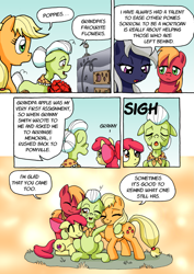 Size: 1201x1700 | Tagged: safe, artist:tarkron, apple bloom, applejack, big macintosh, granny smith, oc, oc:tara, earth pony, pony, comic:ghosts of the past, apple family, apple siblings, bouquet, comic, dialogue, female, filly, flower, gravestone, group hug, hug, male, mare, mortician, poppy, stallion