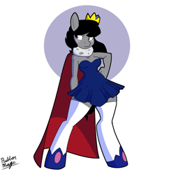 Size: 1869x1911 | Tagged: safe, artist:rubbermage, oc, oc only, oc:queen size, anthro, earth pony, unguligrade anthro, abstract background, cape, clothes, solo, stockings, thigh highs