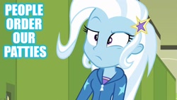 Size: 1280x720 | Tagged: safe, derpibooru import, edit, edited screencap, screencap, trixie, better together, equestria girls, forgotten friendship, caption, image macro, krusty krab training video, meme, solo, spongebob squarepants, text, trixie yells at everything