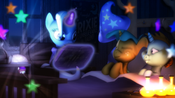 Size: 1920x1080 | Tagged: safe, artist:sourcerabbit, derpibooru import, snails, snips, trixie, pony, unicorn, 3d, female, mare, reading, sleeping, source filmmaker