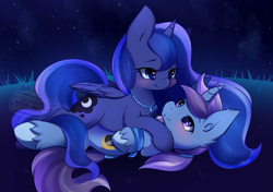 Size: 1775x1250 | Tagged: dead source, safe, artist:mrsremi, princess luna, oc, oc:azure night, alicorn, pony, unicorn, azuna, bedroom eyes, canon x oc, cute, eye contact, heart eyes, night, shipping, smiling, wingding eyes