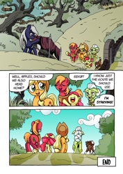 Size: 900x1274 | Tagged: safe, artist:tarkron, apple bloom, applejack, big macintosh, granny smith, winona, oc, oc:tara, dog, earth pony, pony, comic:ghosts of the past, apple family, comic, dialogue, female, filly, goodbye, male, mare, stallion, the end, wagon