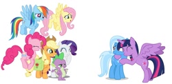 Size: 1024x500 | Tagged: safe, artist:diana173076, derpibooru import, applejack, fluttershy, pinkie pie, rainbow dash, rarity, spike, trixie, twilight sparkle, twilight sparkle (alicorn), alicorn, dragon, earth pony, pegasus, pony, unicorn, bag, hug, mane seven, mane six, saddle bag, simple background, white background, winged spike