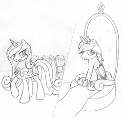 Size: 1168x1136 | Tagged: safe, artist:midwestbrony, princess cadance, shining armor, pony, unicorn, /mlp/, 4chan, monochrome, princess, princessified, race swap, role reversal, throne, traditional art