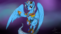 Size: 960x540 | Tagged: safe, artist:alicetam, derpibooru import, trixie, alicorn, pony, alicornified, flying, race swap, solo, space, trixiecorn