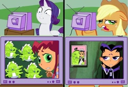 Size: 1135x771 | Tagged: safe, applejack, rarity, earth pony, pony, unicorn, blackfire, glrdsklechhh, meme, starfire, teen titans, tv meme