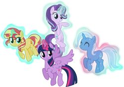 Size: 5821x4126 | Tagged: safe, artist:osipush, derpibooru import, starlight glimmer, sunset shimmer, trixie, twilight sparkle, twilight sparkle (alicorn), alicorn, pony, unicorn, absurd resolution, counterparts, magic aura, magical quartet, magical quintet, magical trio, twilight's counterparts
