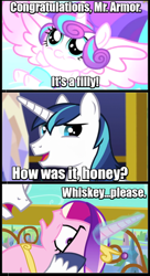 Size: 500x921 | Tagged: safe, screencap, princess cadance, princess flurry heart, shining armor, alicorn, pony, unicorn, the crystalling, alcohol, comic, food, image macro, meme, ouch, reference, simpsons did it, the simpsons, whiskey