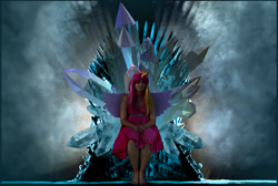 Size: 1597x1073 | Tagged: safe, artist:evilarticfox, artist:queenrachelblack, princess cadance, human, barefoot, cosplay, feet, game of thrones, irl, irl human, iron throne, photo, sitting, throne