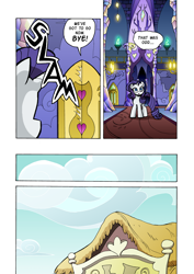 Size: 1204x1700 | Tagged: safe, artist:tarkron, rarity, pony, unicorn, comic:the royal sandal, comic, door slam, implied twilight sparkle, twilight's castle