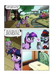 Size: 1204x1700 | Tagged: safe, artist:tarkron, spike, twilight sparkle, twilight sparkle (alicorn), alicorn, dragon, pony, comic:the royal sandal, bits, comic, dialogue, female, friendship express, glowing horn, horn, magic, male, mare, ponyville train station, stallion, telekinesis, train