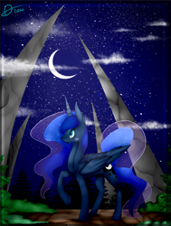 Size: 1024x1358 | Tagged: safe, artist:ataliey, princess luna, alicorn, pony, moon, night, pillar, raised hoof, solo, stars