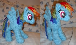 Size: 951x566 | Tagged: safe, artist:onehitwonder, rainbow dash, pegasus, pony, amigurumi, crochet, female, irl, mare, photo, plushie, solo