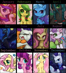 Size: 600x660 | Tagged: safe, artist:kei05, derpibooru import, apple fritter, applejack, fluttershy, lily longsocks, nightmare moon, princess cadance, queen chrysalis, rarity, sweetie belle, trixie, bat pony, butterfly, changeling, changeling queen, pony, alternate hairstyle, apple family member, calendar, crying, cute, flutterbat, night maid rarity