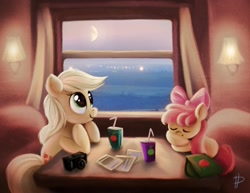 Size: 1920x1482 | Tagged: safe, artist:rom-art, apple bloom, applejack, earth pony, pony, bag, blank flank, camera, eyes closed, female, filly, foal, hooves, juice box, leaning, leaning forward, leaning on table, mare, photos, sitting, sleeping, smiling, solo, table, train, train cabin, window