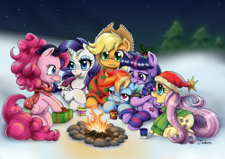 Size: 1700x1202 | Tagged: safe, artist:tarkron, applejack, fluttershy, pinkie pie, rainbow dash, rarity, twilight sparkle, twilight sparkle (alicorn), alicorn, earth pony, pegasus, pony, unicorn, campfire, christmas, clothes, cute, fire, hat, holiday, mane six, night, present, santa hat, scarf, snow, sweater