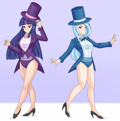 Size: 2500x2535 | Tagged: safe, artist:jonfawkes, derpibooru import, trixie, twilight sparkle, human, beautiful, bowtie, clothes, commission, cute, dancing, diatrixes, duo, hat, high heels, humanized, jazz hands, legs, leotard, magician, magician outfit, shoes, smiling, tap dancing, top hat, tuxedo, twiabetes