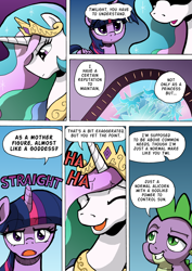 Size: 1204x1700 | Tagged: safe, artist:tarkron, princess celestia, spike, twilight sparkle, twilight sparkle (alicorn), alicorn, dragon, pony, comic:the royal sandal, comic, faic, smug