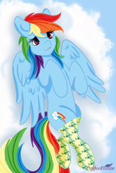 Size: 1024x1536 | Tagged: safe, artist:coffeevixxen, rainbow dash, pegasus, pony, clothes, cloud, female, lying down, mare, on back, smiling, solo, stockings, thigh highs