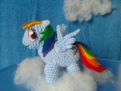 Size: 1024x768 | Tagged: safe, artist:mintdaffodil, rainbow dash, pegasus, pony, amigurumi, cloud, crochet, female, irl, mare, photo, plushie, solo