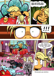 Size: 1204x1700 | Tagged: safe, artist:tarkron, applejack, fluttershy, oc, oc:feather fun, changedling, changeling, earth pony, goat, hippogriff, pegasus, pony, comic:what happens in las pegasus, apple, arrow, balloon, bloodshot eyes, butt, clothes, comic, drunk, drunk aj, drunkershy, eyes closed, flutterbutt, food, hangover, just married, noodle incident, open mouth, pizza, speech bubble, unconscious, vomit