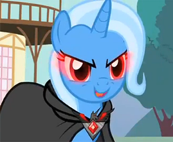 Size: 337x277 | Tagged: safe, derpibooru import, screencap, trixie, pony, unicorn, magic duel, alicorn amulet, cape, clothes, cropped, female, glowing eyes, red eyes, solo