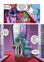 Size: 1204x1700 | Tagged: safe, artist:tarkron, princess celestia, spike, twilight sparkle, twilight sparkle (alicorn), alicorn, dragon, pony, comic:the royal sandal, comic