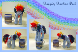 Size: 4470x2992 | Tagged: safe, artist:dragonrose36, rainbow dash, pegasus, pony, abstract background, amigurumi, crochet, doll, female, irl, mare, mug, photo, plushie, solo, toy