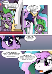 Size: 1204x1700 | Tagged: safe, artist:tarkron, princess celestia, spike, twilight sparkle, twilight sparkle (alicorn), alicorn, dragon, pony, comic:the royal sandal, comic, female, hoof shoes, male, mare, speech bubble