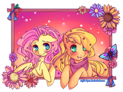 Size: 900x675 | Tagged: safe, artist:night-tyan, applejack, fluttershy, earth pony, pegasus, pony, blonde mane, duo, female, mare, orange coat, pink mane, wings, yellow coat