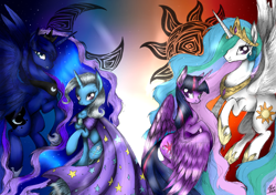 Size: 2570x1808 | Tagged: safe, artist:alicetam, derpibooru import, princess celestia, princess luna, trixie, twilight sparkle, twilight sparkle (alicorn), alicorn, pony, female, mare